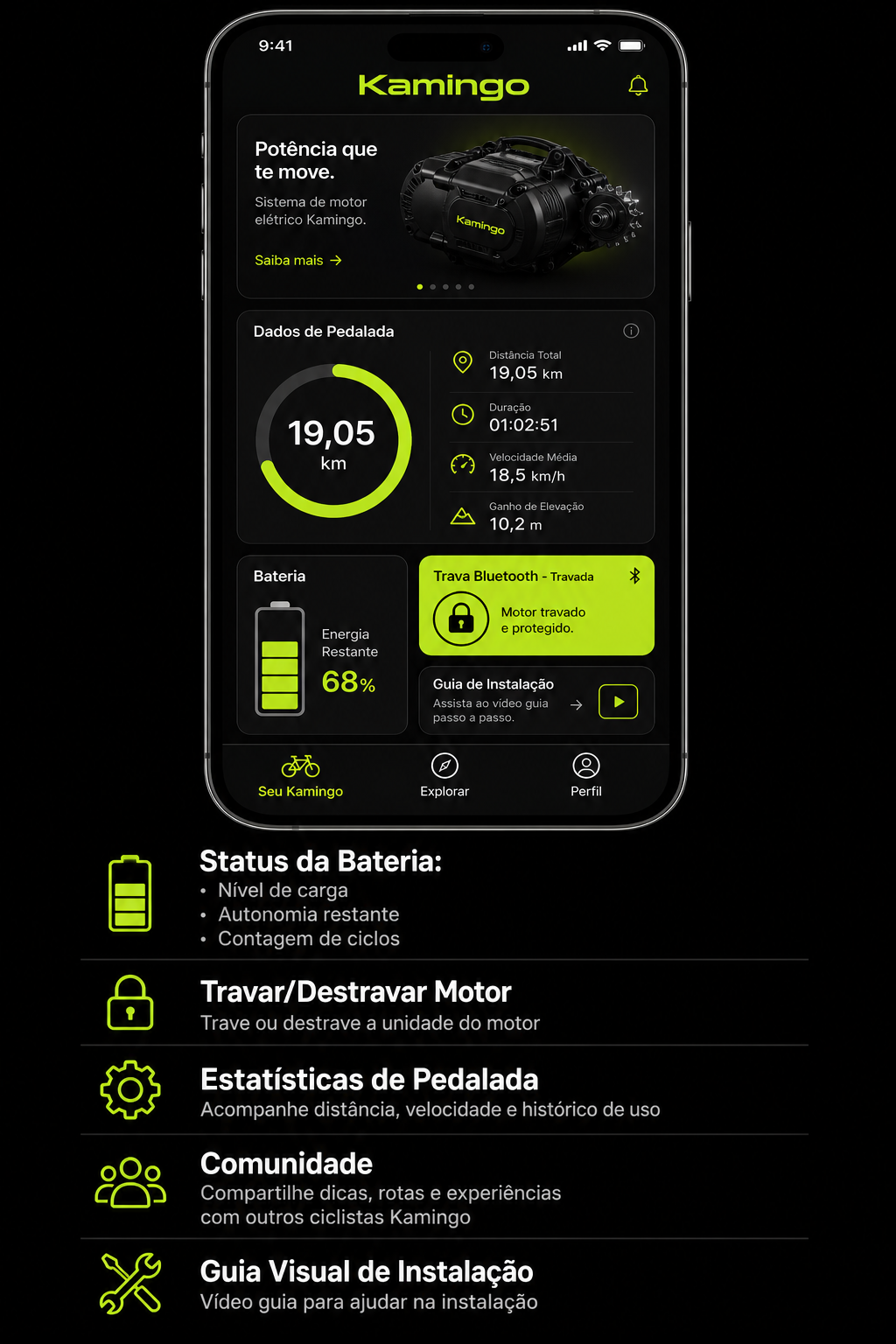 Aplicativo Kamingo com estatísticas, bateria e bloqueio